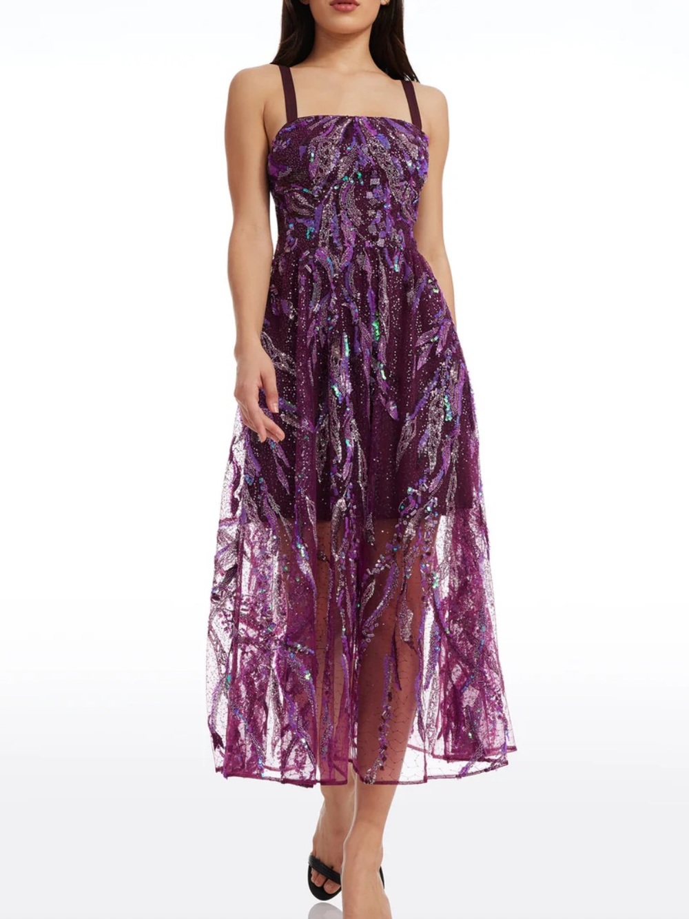 Dress the Population Cassandra Midi Dress XL Beaded Violet Multi Square Neck - Picture 16 of 16